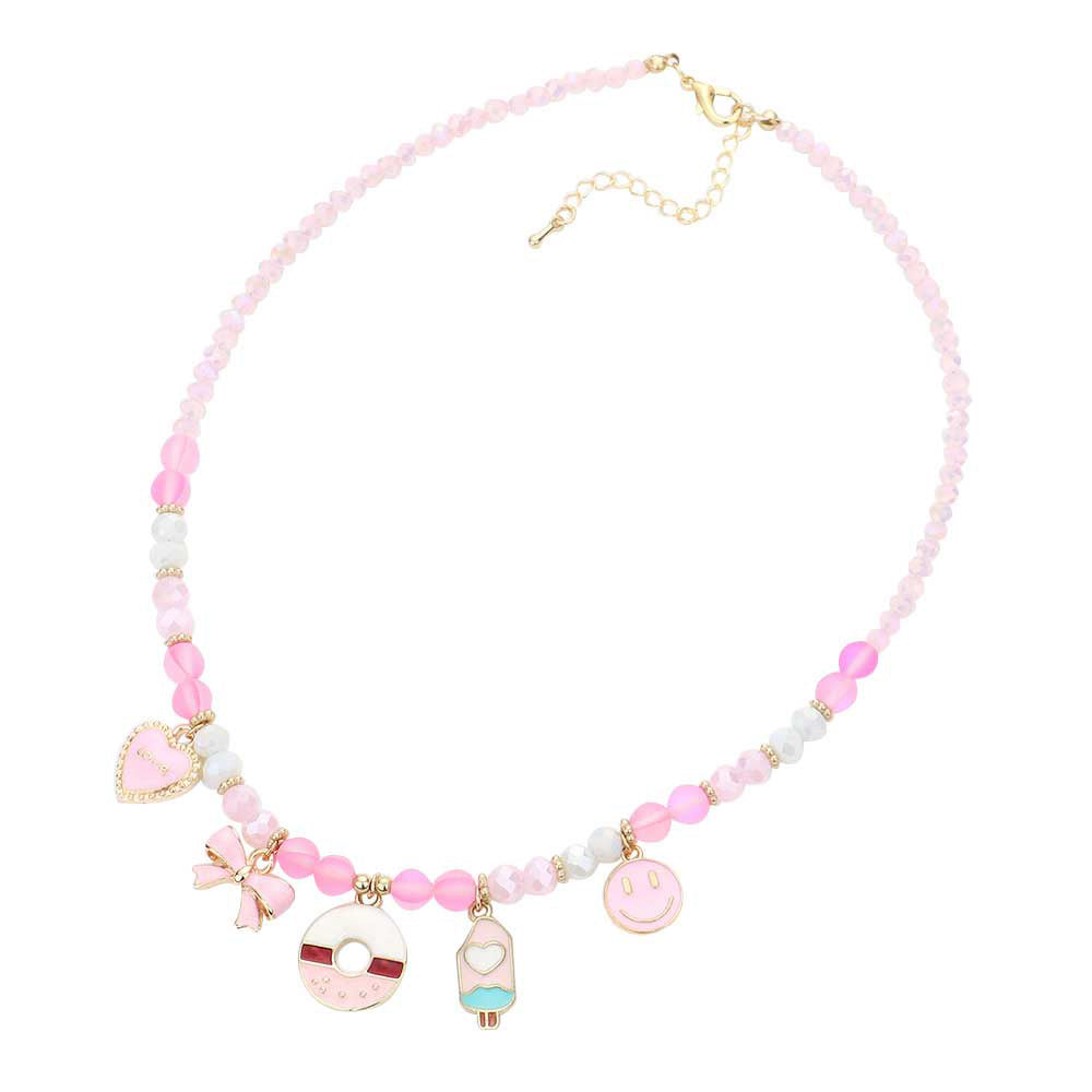 Pink Enamel Smile Heart Bag Bow Pendant Station Beaded Necklace, This beaded Necklace delicately polished will enhance your look, versatile enough for wearing straight through the week, perfectly lightweight for all-day wear, coordinate with any ensemble from business casual to everyday wear, the perfect addition to every outfit. Adds a touch of nature-inspired beauty to your look.