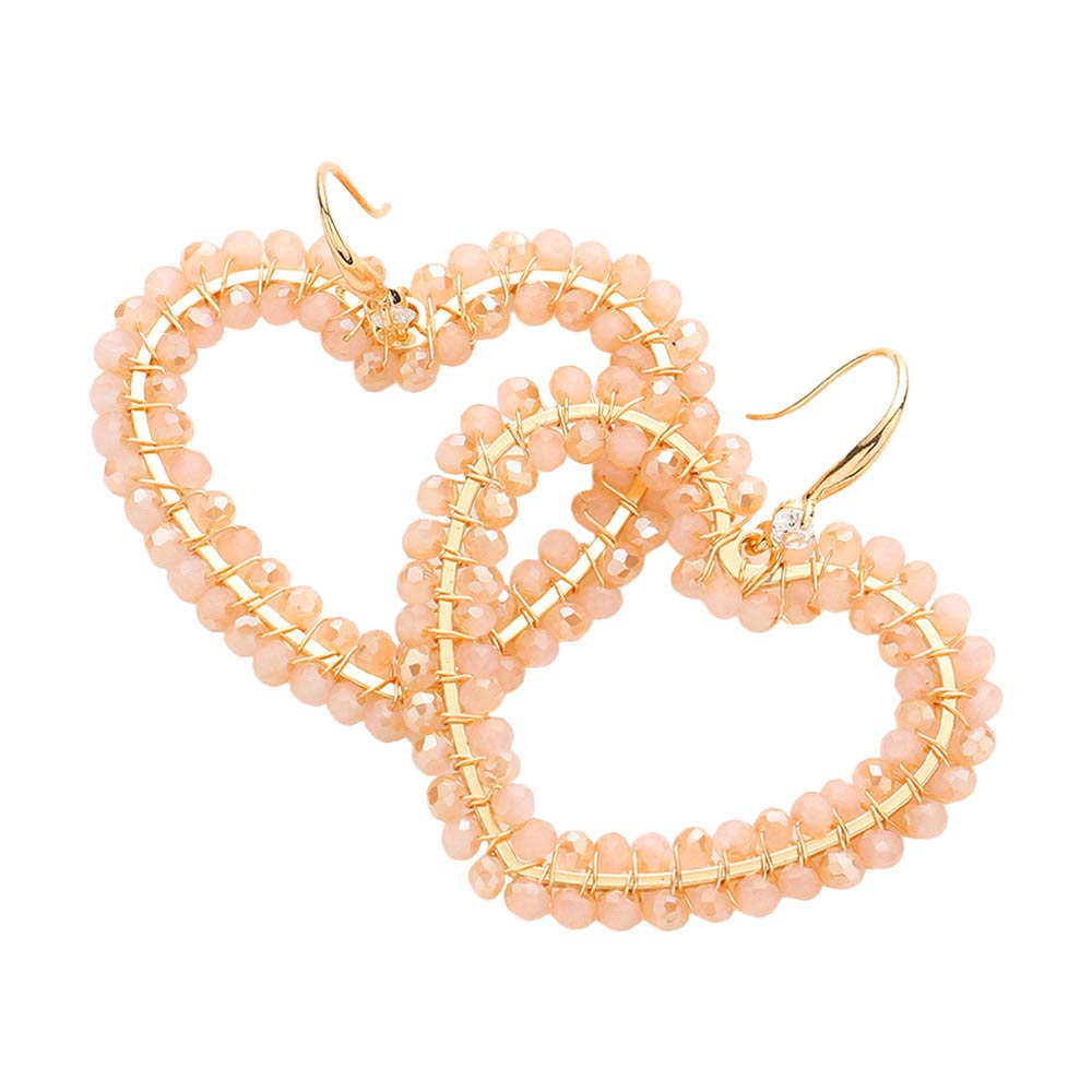 Pink Faceted Bead Wrapped Open Heart Dangle Earrings, take your love for statement accessorizing to a new level of affection with these bead heart earrings. Accent all of your dresses with the extra fun vibrant color with these heart-themed earrings.