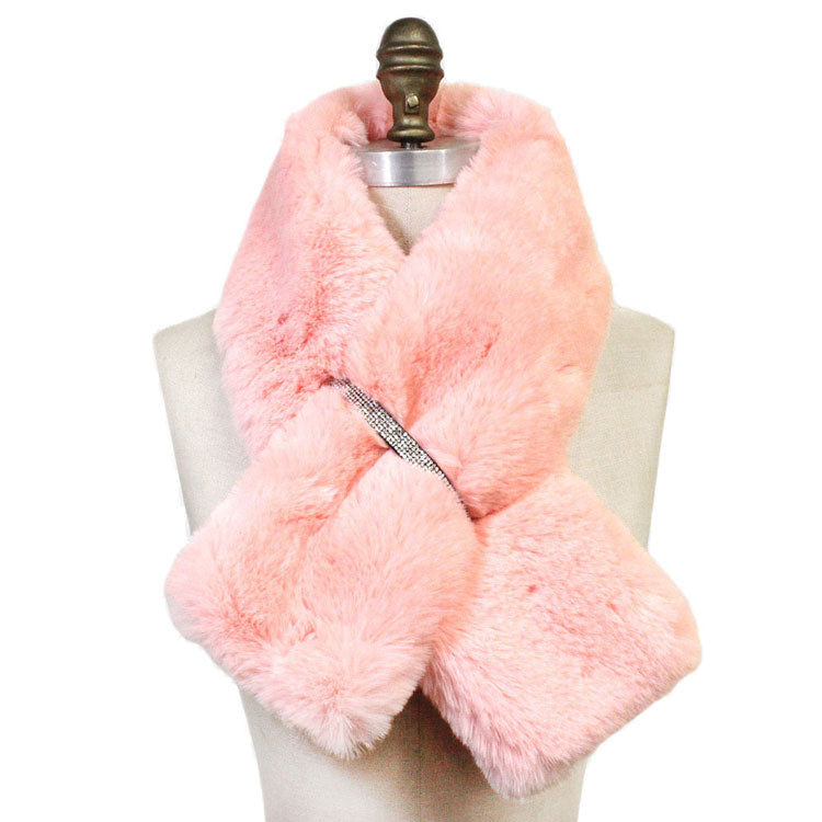 Pink Faux Fur Bling Pull Through Scarf, delicate, warm, on trend & fabulous, a luxe addition to any cold-weather ensemble. Great for daily wear in the cold winter to protect you against chill, classic infinity-style scarf & amps up the glamour with plush material that feels amazing snuggled up against your cheeks.