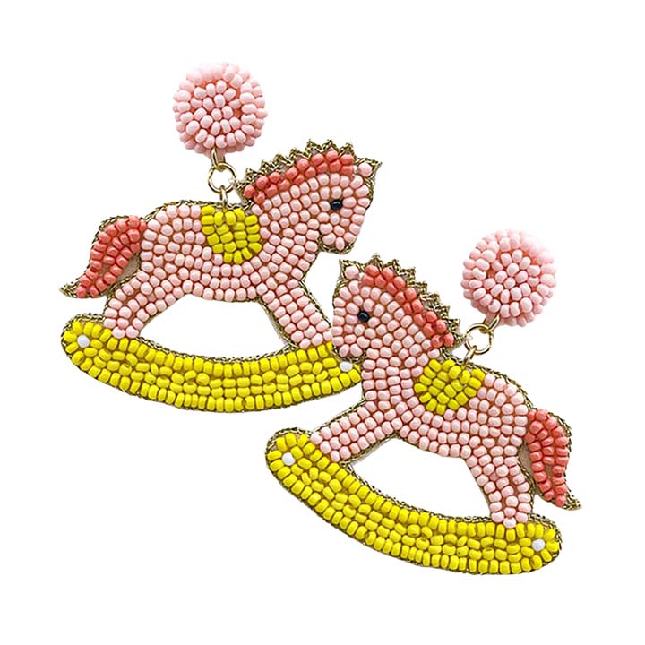 Pink Felt Back Beaded Baby Rocking Horse Dangle Earrings, are fun Style earrings for women that will add a touch of fashion and fun to any attire & add a fashion statement to any outfit. These beautiful & lightweight dangle earrings are designed with various elements. These beaded rocking horses dangle earrings will be the highlight of any outfit & add a touch of whimsy to your costume jewelry collection!