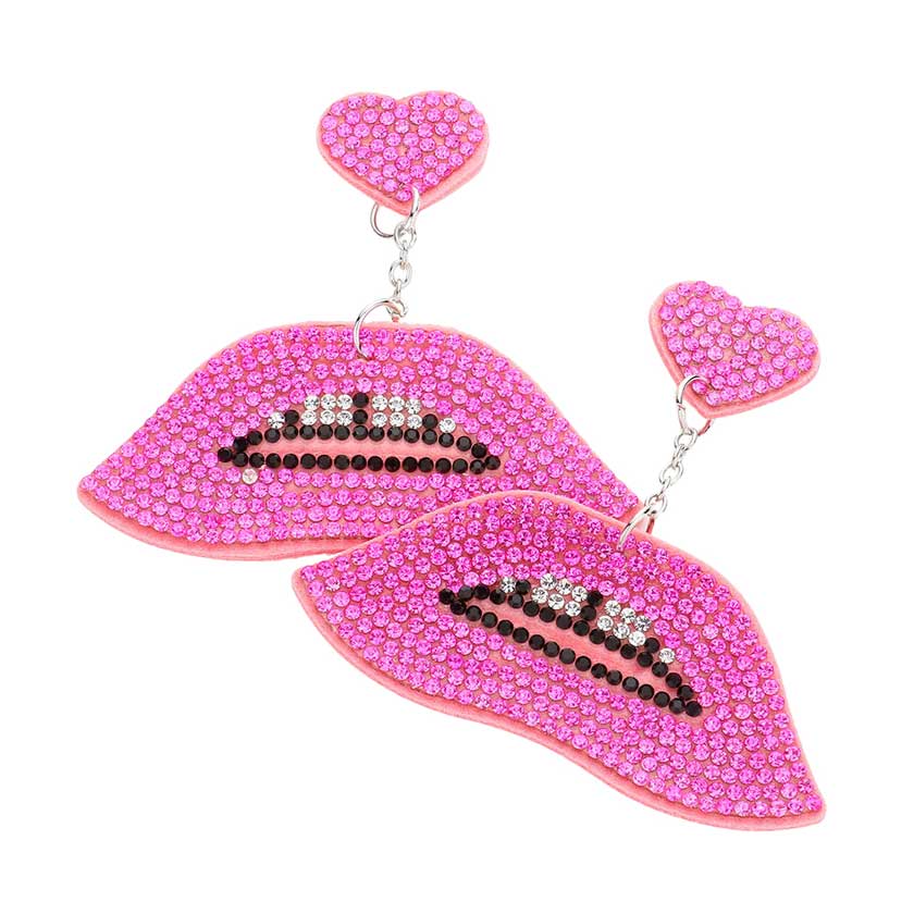 Pink Felt Back Bling Heart Lips Link Dangle Earrings, a beautifully crafted design add a gorgeous glow to your outfit. Special design and unique structure make you more attractive on this valentine's. Accent all of your dresses with the extra fun vibrant color with these heart-themed lips link dangle earrings.