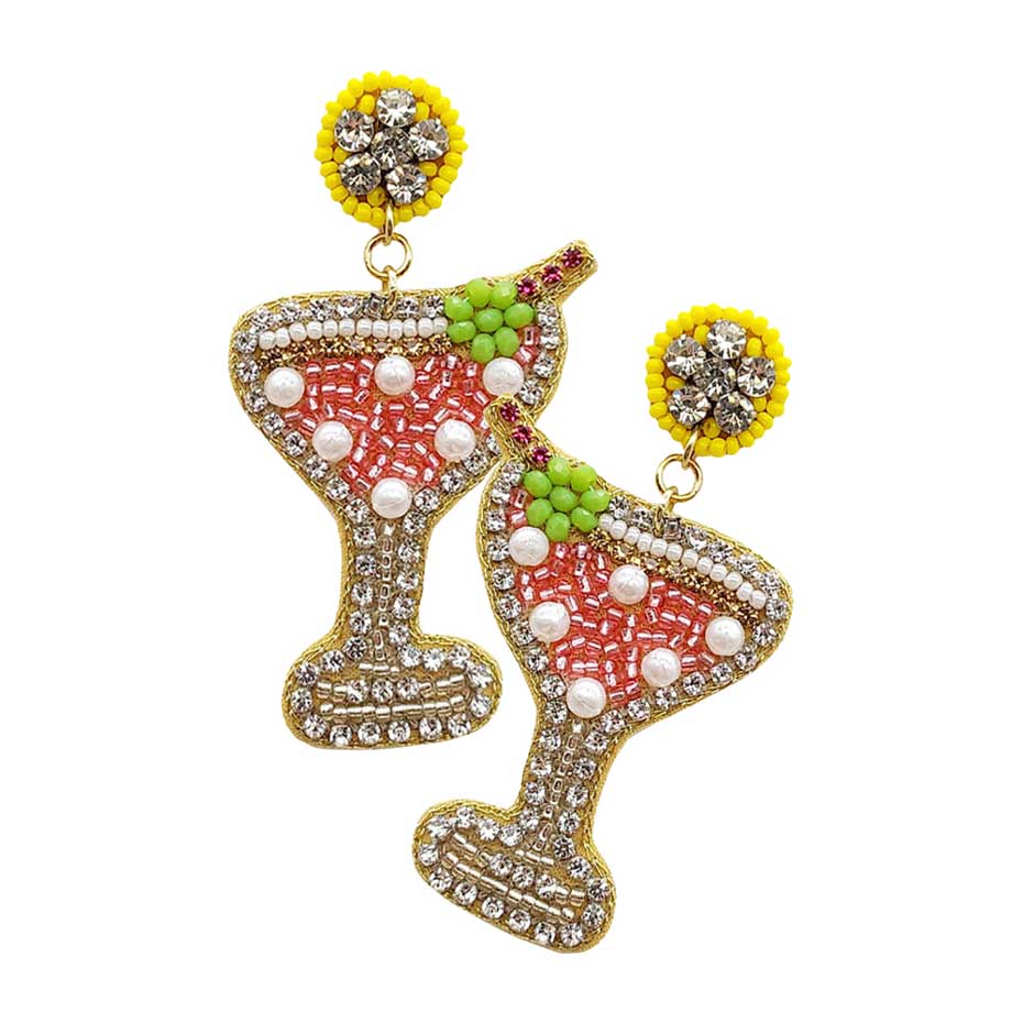 Pink Felt Back Martini Rhinestone Pearl Beads Dangle Earrings, complete the appearance of elegance and royalty to drag the attention of the crowd on special occasions with this pearl accented rhinestone embellished martini beads dangle earrings.