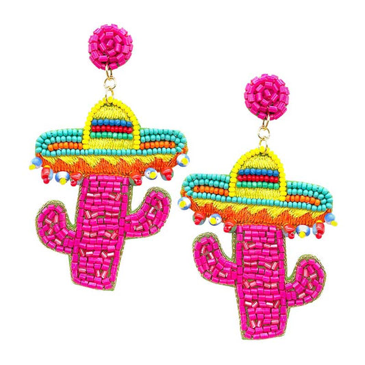 Pink Felt Back Multi Beaded Hat Cactus Dangle Earrings.  Take your love for statement accessorizing to a new level of affection with these Multi beaded cactus earrings! Highlight your appearance, grasp everyone's eye in your party. Perfect gift on Christmas, Valentine's Day, Anniversaries as well as birthday for your beloved ones.