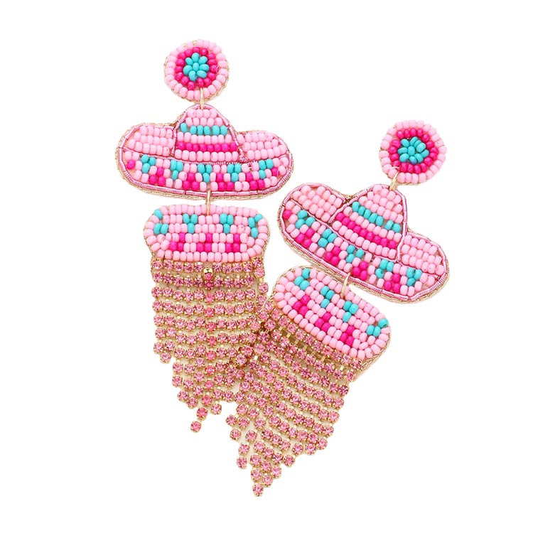 Pink Felt Back Seed Beaded Hat Rhinestone Fringe Dangle Earrings, get ready with this seed-beaded rhinestone earring to receive the best compliments on any special occasion. These classy fringe dangle earrings are perfect for Weddings, and Evenings. Awesome gift for birthdays, Valentine’s Day, or any special occasion.