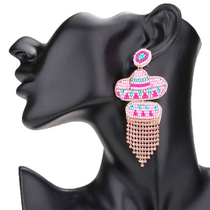 Pink Felt Back Seed Beaded Hat Rhinestone Fringe Dangle Earrings, get ready with this seed-beaded rhinestone earring to receive the best compliments on any special occasion. These classy fringe dangle earrings are perfect for Weddings, and Evenings. Awesome gift for birthdays, Valentine’s Day, or any special occasion.