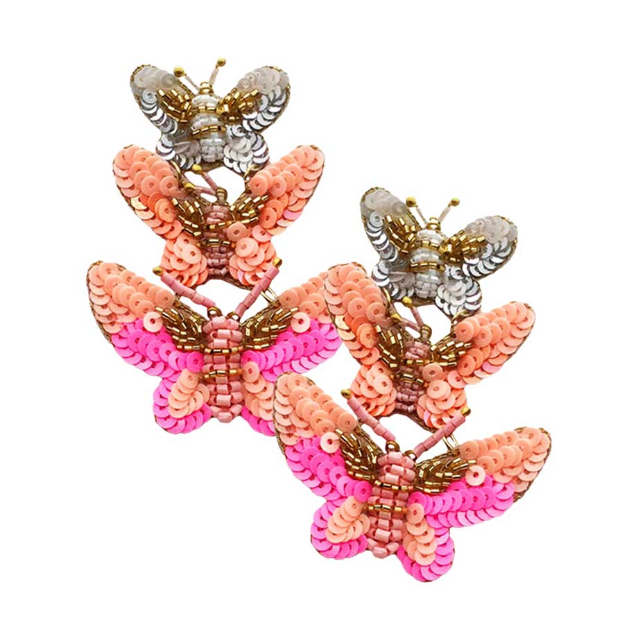 Pink Felt Back Sequin Triple Butterfly Link Dangle Earrings, These adorable sequin details butterfly link dangle earrings are bound to cause a smile. You will absolutely love these butterfly dangle earrings! They are exactly what you were looking for; This jewelry is just the right accessory to finish off any outfit. Whether for dating, parties, weddings, and daily wear, it naturally goes with any outfit