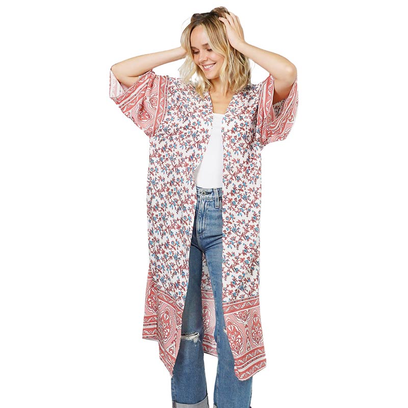 Pink Floral Patterned Cover Up Kimono Poncho,  this timeless Kimono Poncho is Soft, lightweight, and breathable fabric that makes you feel more comfortable. A fashionable eye-catcher, will quickly become one of your favorite accessories, Look perfectly breezy and laid-back as you head to the beach.