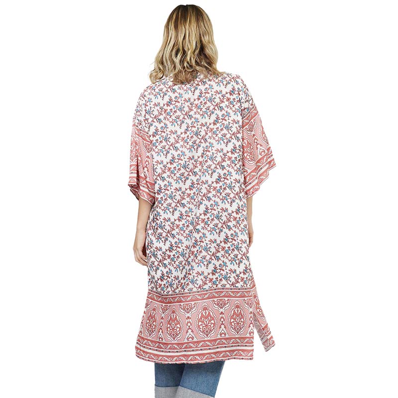 Pink Floral Patterned Cover Up Kimono Poncho,  this timeless Kimono Poncho is Soft, lightweight, and breathable fabric that makes you feel more comfortable. A fashionable eye-catcher, will quickly become one of your favorite accessories, Look perfectly breezy and laid-back as you head to the beach.