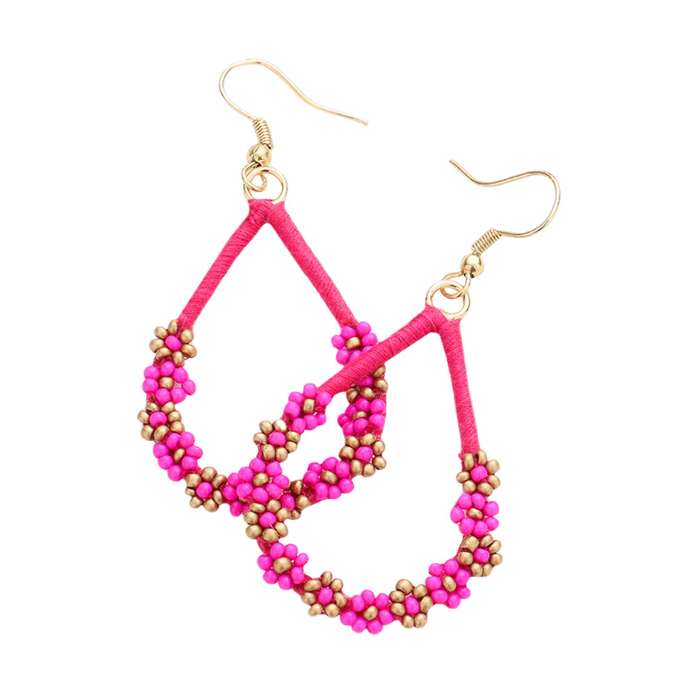 Pink Floral Seed Beaded Open Teardrop Dangle Earrings, Fashionable beaded dangle earrings for women are designed into a teardrop shape. They are the perfect addition to your earrings collection. These adorable floral details teardrop dangle earrings are bound to cause a smile. You will absolutely love these beaded earrings! They are exactly what you were looking for; This jewelry is just the right accessory to finish off any outfit.