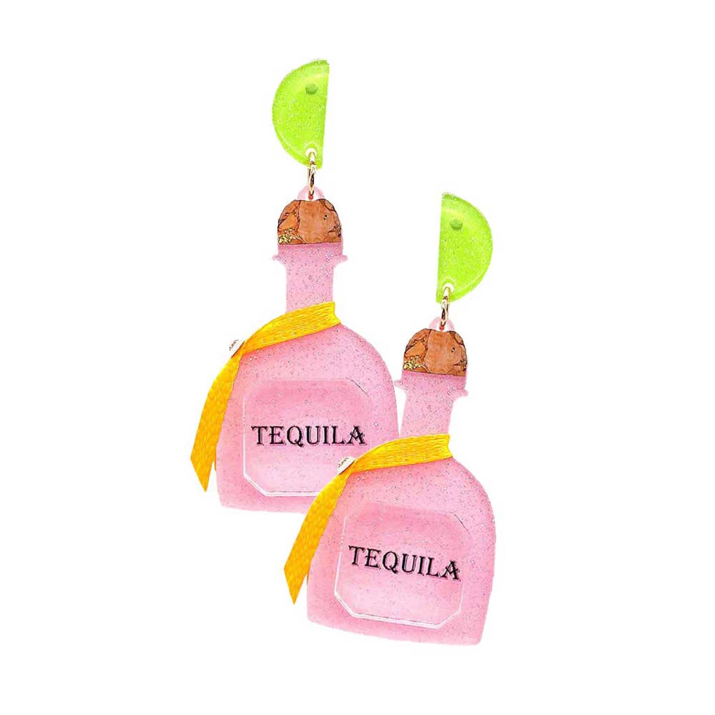 Pink Glittered Resin Tequila Dangle Earrings. These fashionable trendy tequila bottle earrings  are suitable for every girl!  These gorgeous earrings are unique in design, light and sparky. Perfect for Valentine’s Day, bachelorette party, Beach Party, Vacation Earrings, Party Earrings, Party Favors to glam up your party outfit.