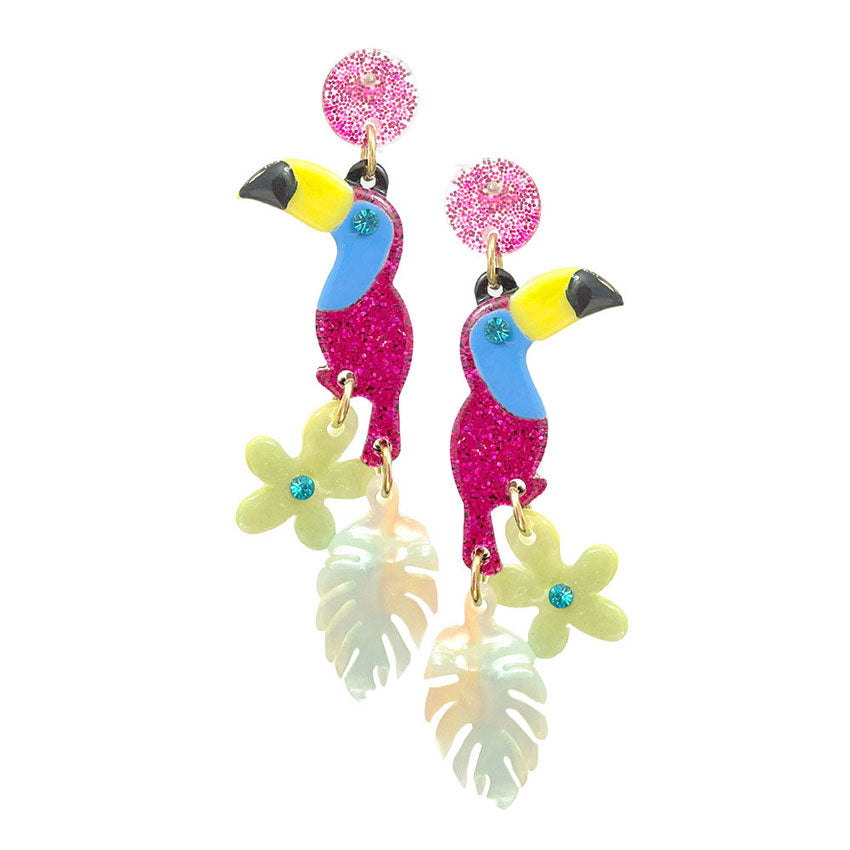 Pink Glittered Resin Toucan Flower Tropical Leaf Link Dangle Earrings. Look like the ultimate fashionista with these Earrings! Add something special to your outfit this Valentine! Special It will be your new favorite accessory. Perfect Birthday Gift, Mother's Day Gift, Anniversary Gift, Graduation Gift, Prom Jewelry, Valentine's Day Gift, Thank you 