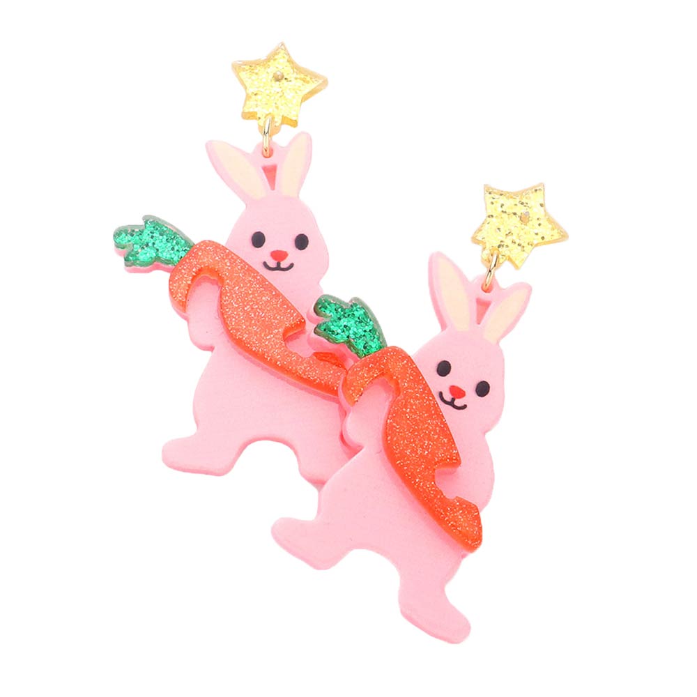 Pink Glittered Star Resin Easter Bunny Carrot Dangle Earrings, Easter Bunny Carrot Dangle Earrings are fun handcrafted jewelry that fits your lifestyle, adding a pop of pretty color. Perfect for the festive season, embrace the Easter spirit with these cute earrings. Surprise your loved ones on this Easter Sunday occasion.