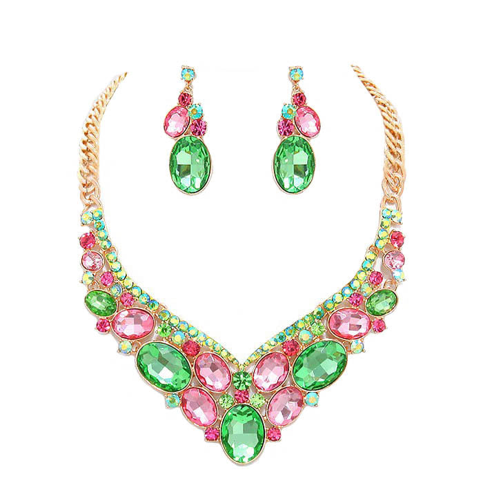 Pink Green Oval Glass Crystal Evening Necklace, Glass Statement Crystal stunning jewelry set will sparkle all night long making you shine out like a diamond. make a stylish addition to your fashion necklace and jewelry collection. put on a pop of color to complete your ensemble. perfect for a night out on the town or a black tie party, Perfect Gift, Birthday, Anniversary, Prom, Mother's Day Gift, Wedding, Bridesmaid etc.
