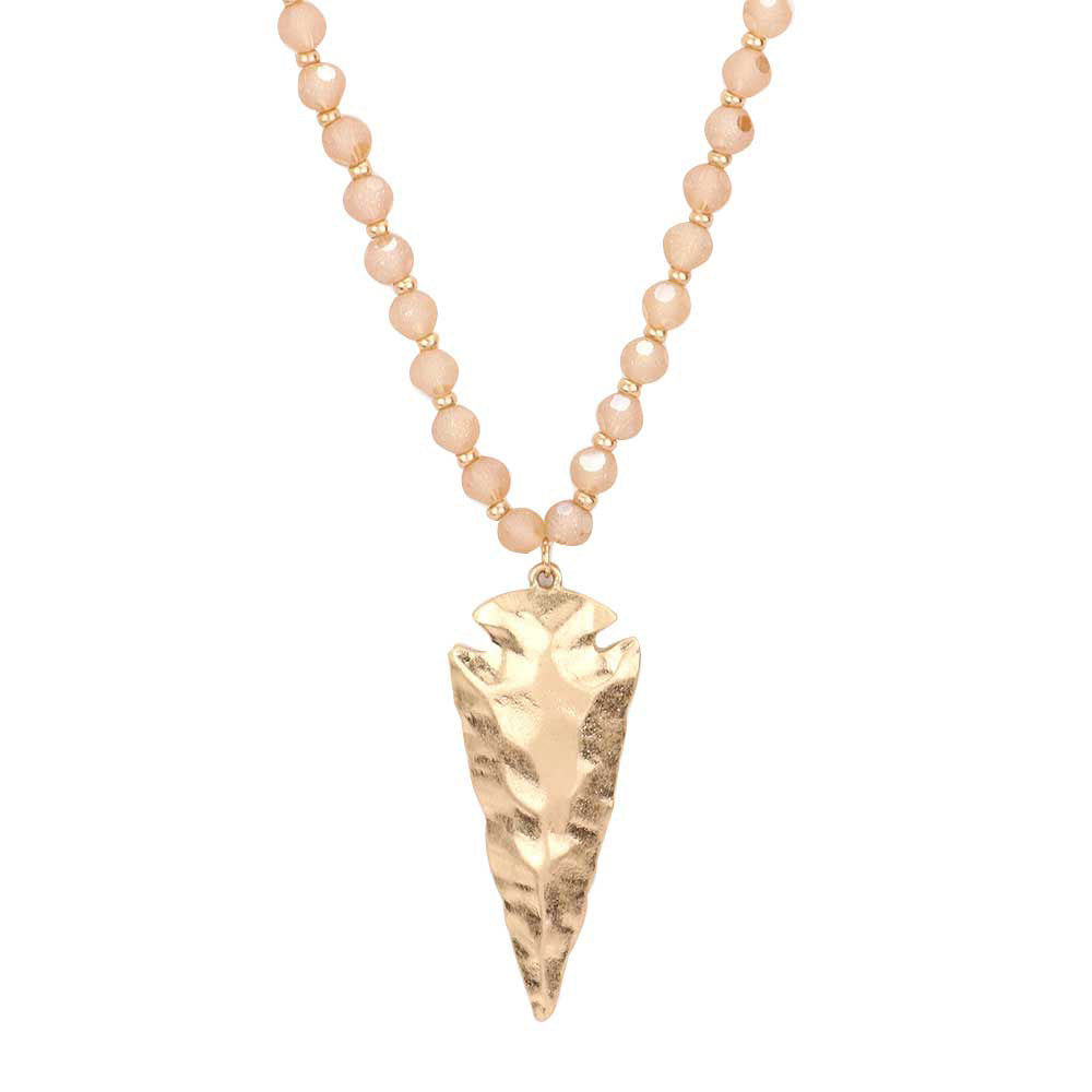 Pink Hammered Metal Arrow Pendant Faceted Beads Long Necklace, The arrowhead pendant design is trendy and chic, cool and special, goes well with other accessories, make you more charming and edgy among the crowds.  This faceted beads necklace pendant is suitable for any occasion, Perfect Birthday Gift, Anniversary Gift, Mother's Day Gift. 