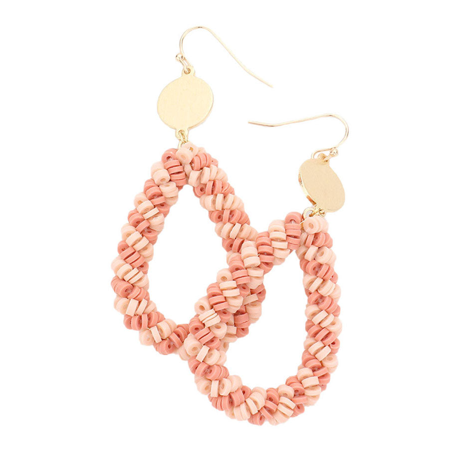 Pink Heishi Beaded Open Teardrop Dangle Earrings.  These fashionable trendy Teardrop earrings for women are suitable for every girl as well! Wearing it you are a unique fashion in the crowd. These gorgeous earrings are unique in design, light and sparky. Perfect for Valentine’s Day, bachelorette party, Beach Party, Vacation Earrings, Party Earrings, Party Favors to glam up your party outfit.