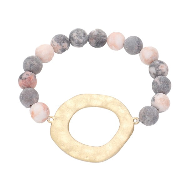 Pink Irregular Open Metal Charm Semi Precious Stone Beaded Stretch Bracelet; this stone bead charm bracelet can light up any outfit and make you feel absolutely flawless while adding a pop of color to your ensemble. Perfect Birthday Gift, Anniversary Gift, Mother's Day Gift, Thank you Gift, Loved One Gift, Just Because Gift