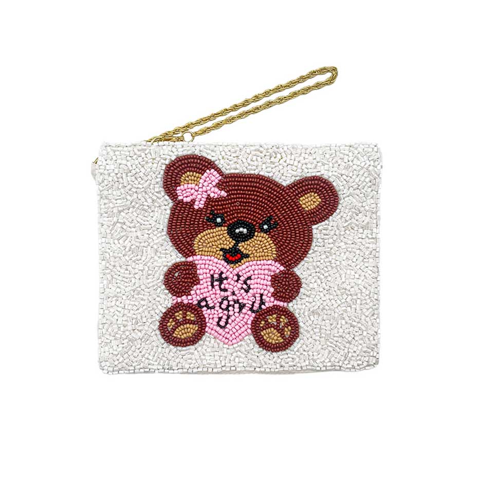 Pink It's a Girl! Message Bear Seed Beaded Mini Pouch Bag,  perfectly goes with any outfit and shows your trendy choice to make you stand out on your special occasion. Carry out this message-themed mini pouch bag while attending a special occasion. Perfect for carrying makeup, money, credit cards, keys or coins, etc. It's lightweight and perfect for easy carrying.