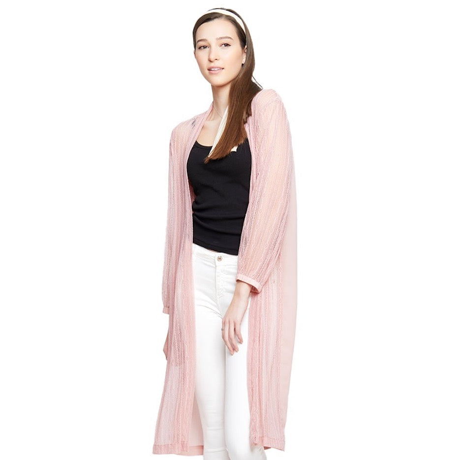Pink Lace Detailed Long Sleeve Sheer Kimono Poncho Open Cardigan Beachwear; wear over your favorite blouse & slacks for a chic stylish look, use over your bathing suit, enjoy the beach or pool. Perfect Birthday Gift, Mother's Day Gift, Anniversary Gift, Beachwear, Thank you Gift, Sheer Cover-Up Kimono, Laced Kimono Cardigan