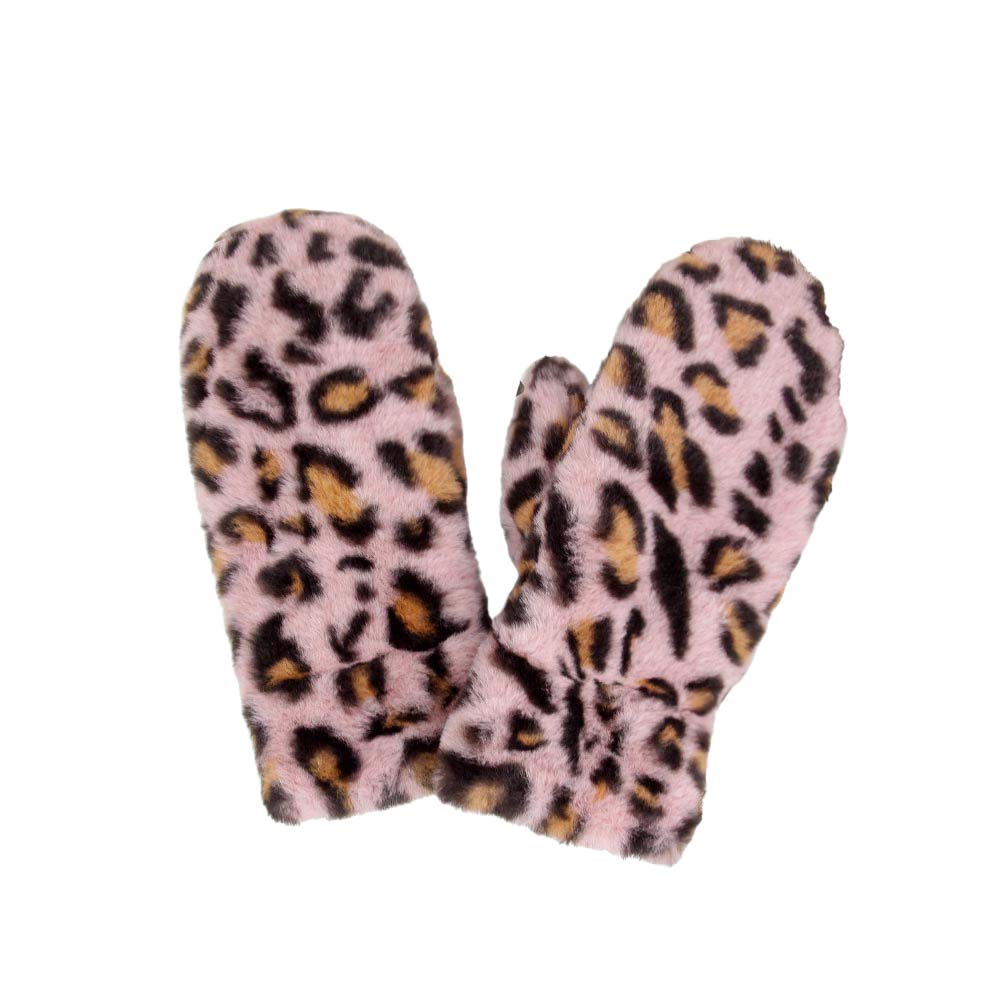 Leopard Patterned Faux Fur Lining Mitten Gloves