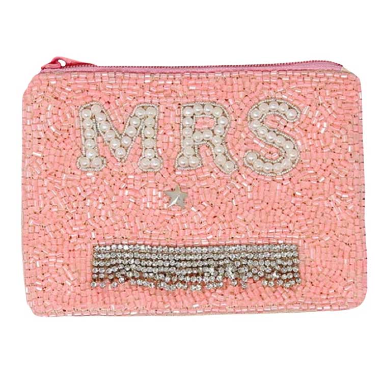 Pink MRS Seed Beaded Coin Purse, this coin purse can match your carnival costume or dress and make you immersed in the carnival or festival giving off a strong festive atmosphere! Be the ultimate fashionista while carrying this trendy seed-beaded coin purse! Great to carry something small or drop it in your bag. Perfect for carrying makeup, money, credit cards, keys or coins, & many more things. 