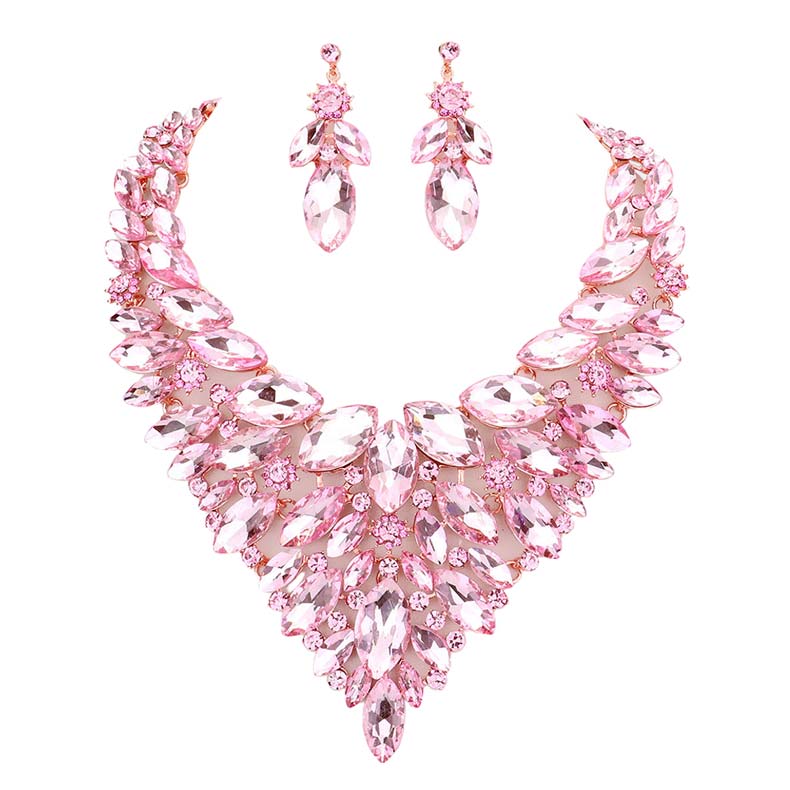 Pink Marquise Stone Cluster Statement Evening Necklace, These gorgeous marquise stone cluster jewelry sets will show your perfect beauty & class on any special occasion. The elegance of these stones goes unmatched. Great for wearing at a party, wedding, wedding showers, birthdays, prom, graduation, anniversaries, etc. Perfect for adding just the right amount of glamour and sophistication to important occasions.