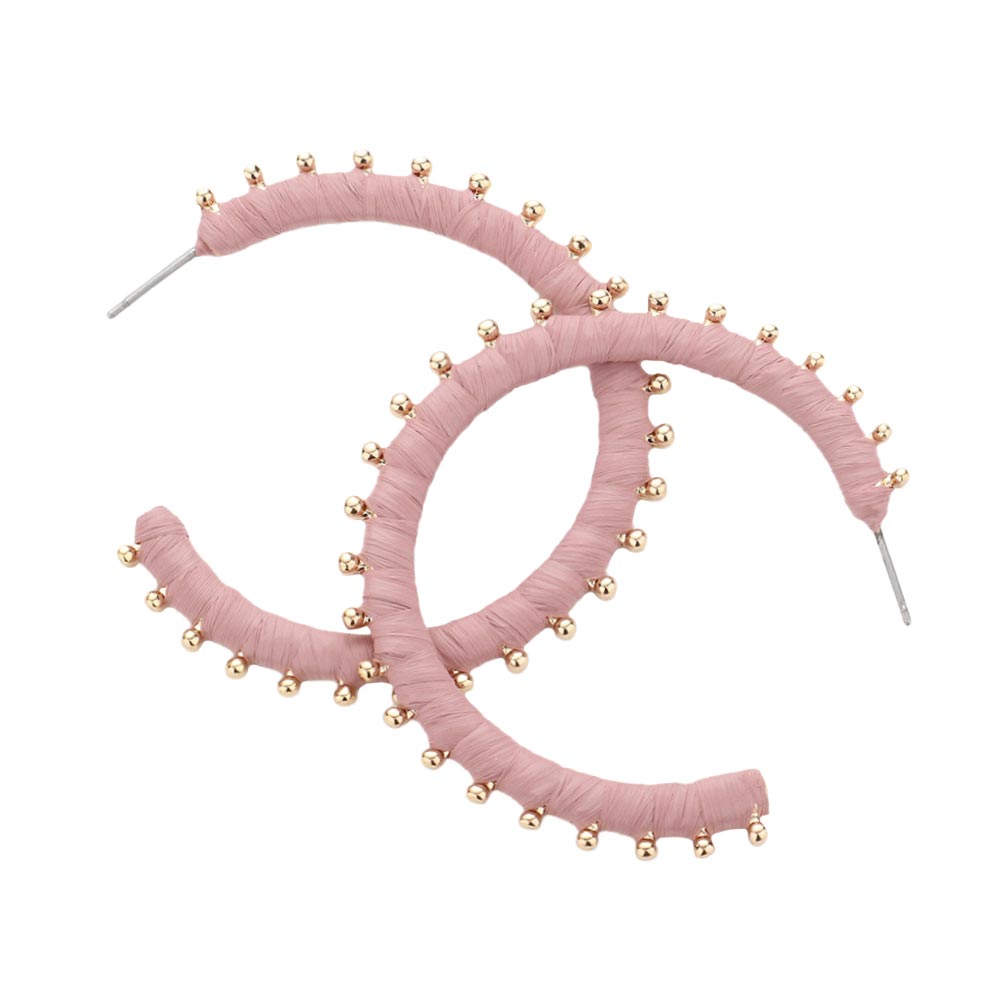 Pink Metal Ball Trimmed Raffia Wrapped Hoop Earrings, enhance your attire with these beautiful raffia earrings to show off your fun trendsetting style. Get a pair as a gift to express your love for any woman person or for just for you on birthdays, Mother‚Äö√Ñ√¥s Day, Anniversary, Holiday, Christmas, Parties, etc.