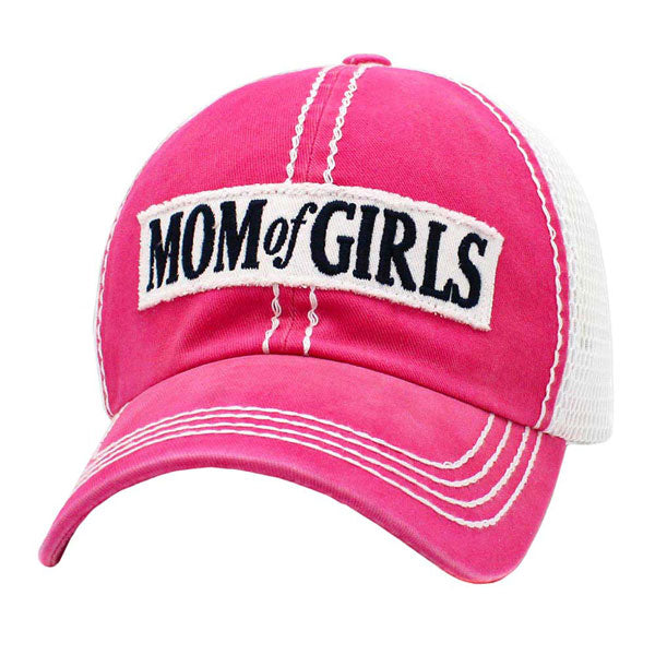 Pink Mom Of Girls Message Mesh Back Baseball Cap. Fun cool message themed Mom Of Girl baseball cap is made for you. It's fully adjustable and easy to style! Perfect to keep your hair away from you face while exercising, running, playing tennis or just taking a walk outside. Adjustable Velcro strap gives you the perfect fit. The variation color gives it an awesome vintage look.