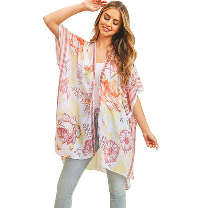 Pink Multi Flower Patterned Cover Up Kimono Poncho, Luxurious, trendy, super soft chic capelet, keeps you warm and toasty. You can throw it on over so many pieces elevating any casual outfit! Perfect Gift for Wife, Birthday, Holiday, Christmas, Anniversary, Fun Night Out, Valentine's Day Gift.