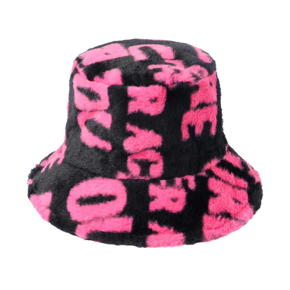 Pink Patterned Faux Fur Bucket Hat, show your trendy side with this Patterned bucket hat. Adds a great accent to your wardrobe. This elegant, timeless & classic Bucket Hat looks fashionable. Perfect for that bad hair day, or simply casual everyday wear.  Accessorize the fun way with this Fux Fur bucket hat. It's the autumnal touch you need to finish your outfit in style.