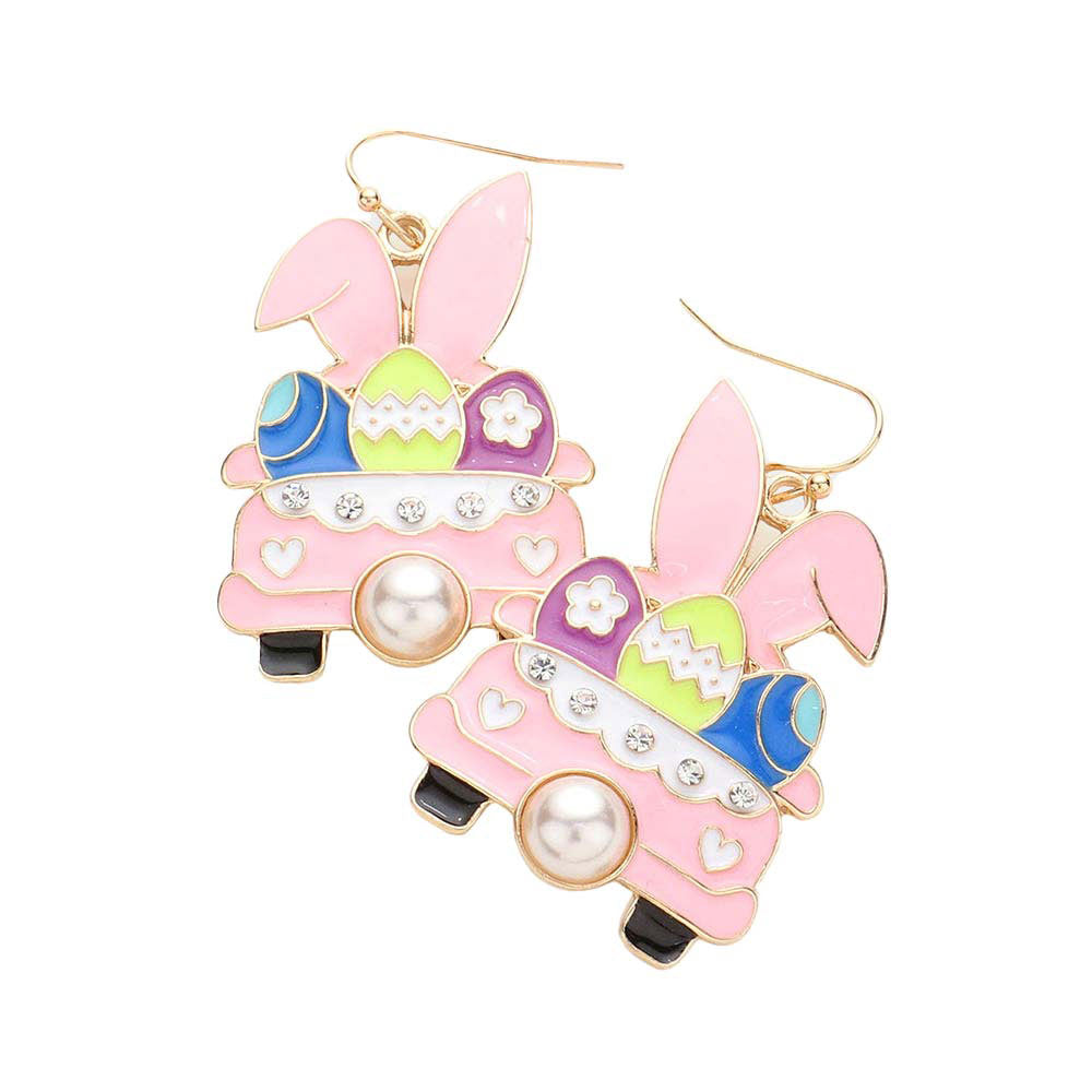 Pink Pearl Enamel Metal Easter Bunny Eggs Car Dangle Earrings, Fun enamel metal easter bunny dangle earrings have gold wires and pearl pointed bunny eggs car. These cute earrings are perfect for this festive season. Embrace the Easter spirit with these cute metal enamel bunny eggs car dangle earrings. These adorable dainty gift earrings are bound to cause a smile or two. Surprise your loved ones on this Easter Sunday occasion, great gift idea for your wife, mom, or your loved one.