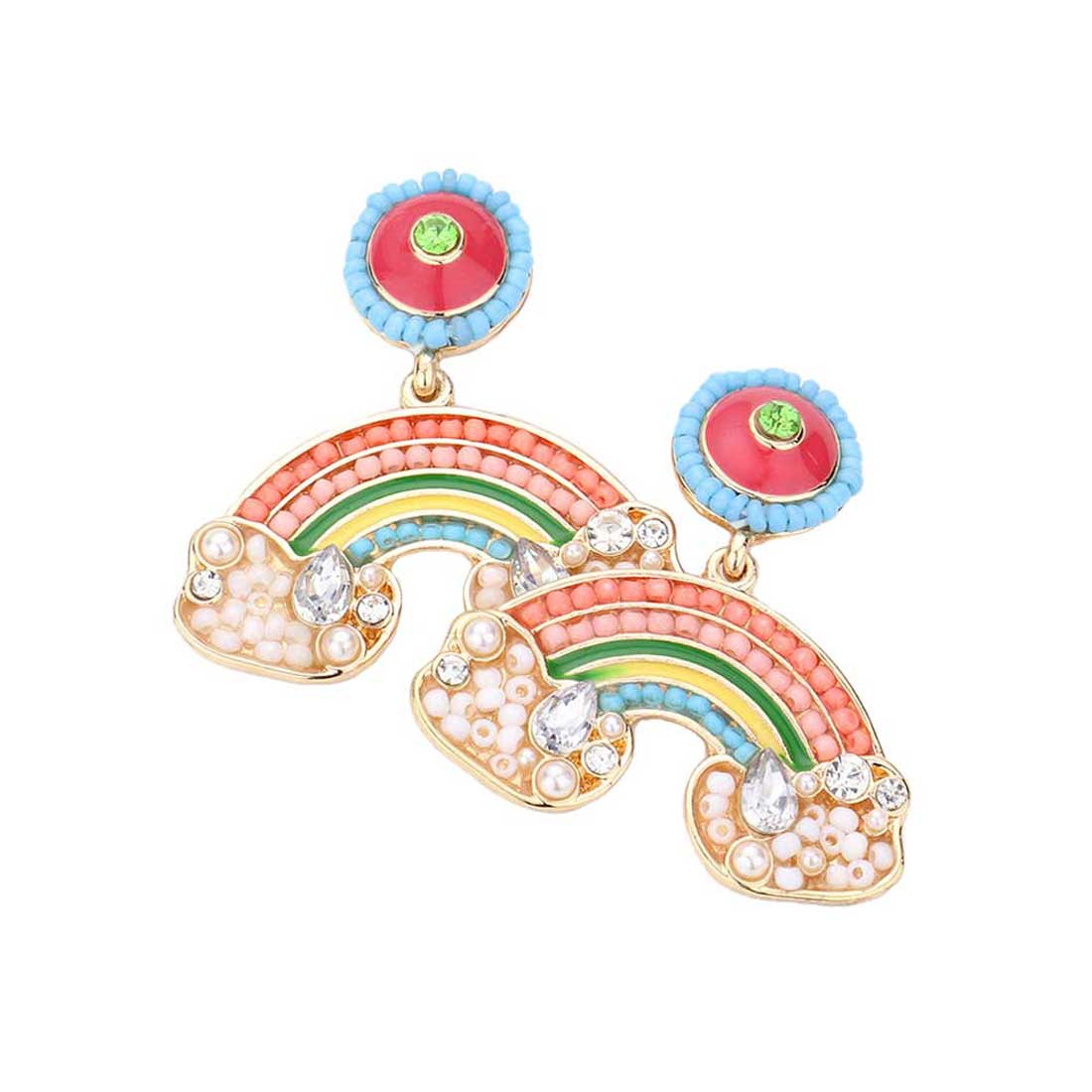 Pink Pearl Seed Bead Embellished Rainbow Dangle Earrings. These gorgeous pearl pieces will show your class in any special occasion. The elegance of these pearl goes unmatched, great for wearing at a party! Perfect jewelry to enhance your look. Awesome gift for birthday, Anniversary, Valentine’s Day or any special occasion.