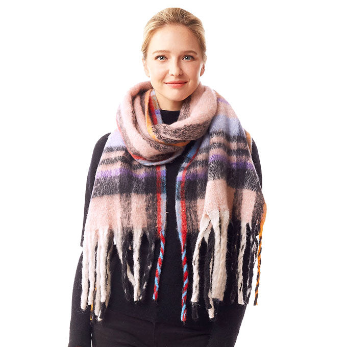Pink Plaid Check Patterned Soft Fuzzy Knit Oblong Scarf, delicate, warm, on trend & fabulous, a luxe addition to any cold-weather ensemble. Great for daily wear in the cold winter to protect you against chill, classic infinity-style scarf & amps up the glamour with plush material that feels amazing snuggled up against your cheeks.