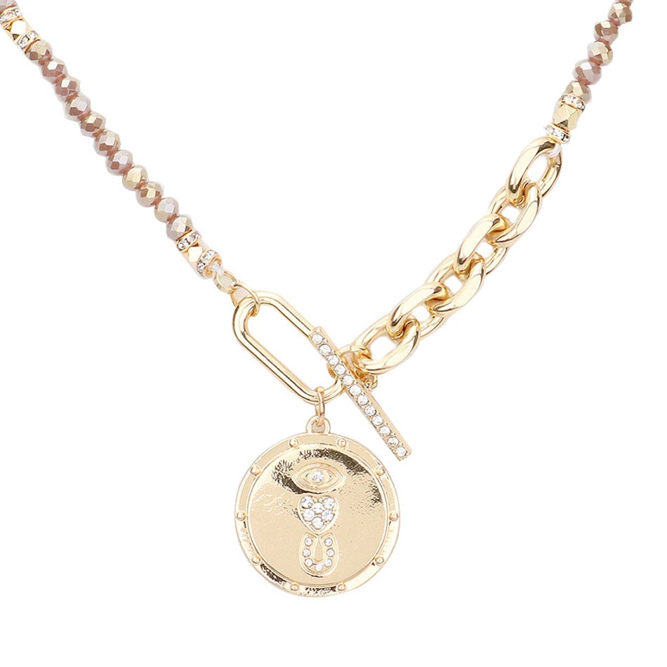 Pink Rhinestone Evil Eye Heart Horseshoe Accented Metal Round Pendant Faceted Beaded Necklace, Get ready with these Pendant Double Layered, put on a pop of color to complete your ensemble. Perfect for adding just the right amount of shimmer & shine. Perfect Birthday Gift, Anniversary Gift, Mother's Day Gift, Graduation Gift.