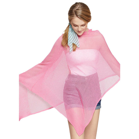Pink Sheer Asymmetric Knitted Poncho, The lightweight and sheer knit poncho top is made of soft and breathable viscose and Nylon material. Color your world with boho chic style by wearing one of these lightweight cover up ponchos. Perfect Gift for Wife, Birthday, Holiday, Anniversary, Fun Night Out.