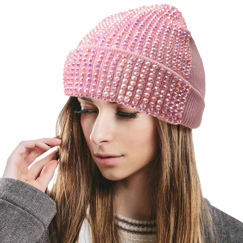 Pink Single Sided Studded Knit Beanie Hat, The beanie hat is made of soft, gentle, skin-friendly, and elastic fabric, which is very comfortable to wear. This Single Sided design is embellished with a shimmering Studded for the ultimate glam look! It provides warmth to your head and ears, protects you from the wind, chill & cold weather, and becomes your ideal companion in autumn and winter. Suitable for wearing for a variety of outdoor activities.