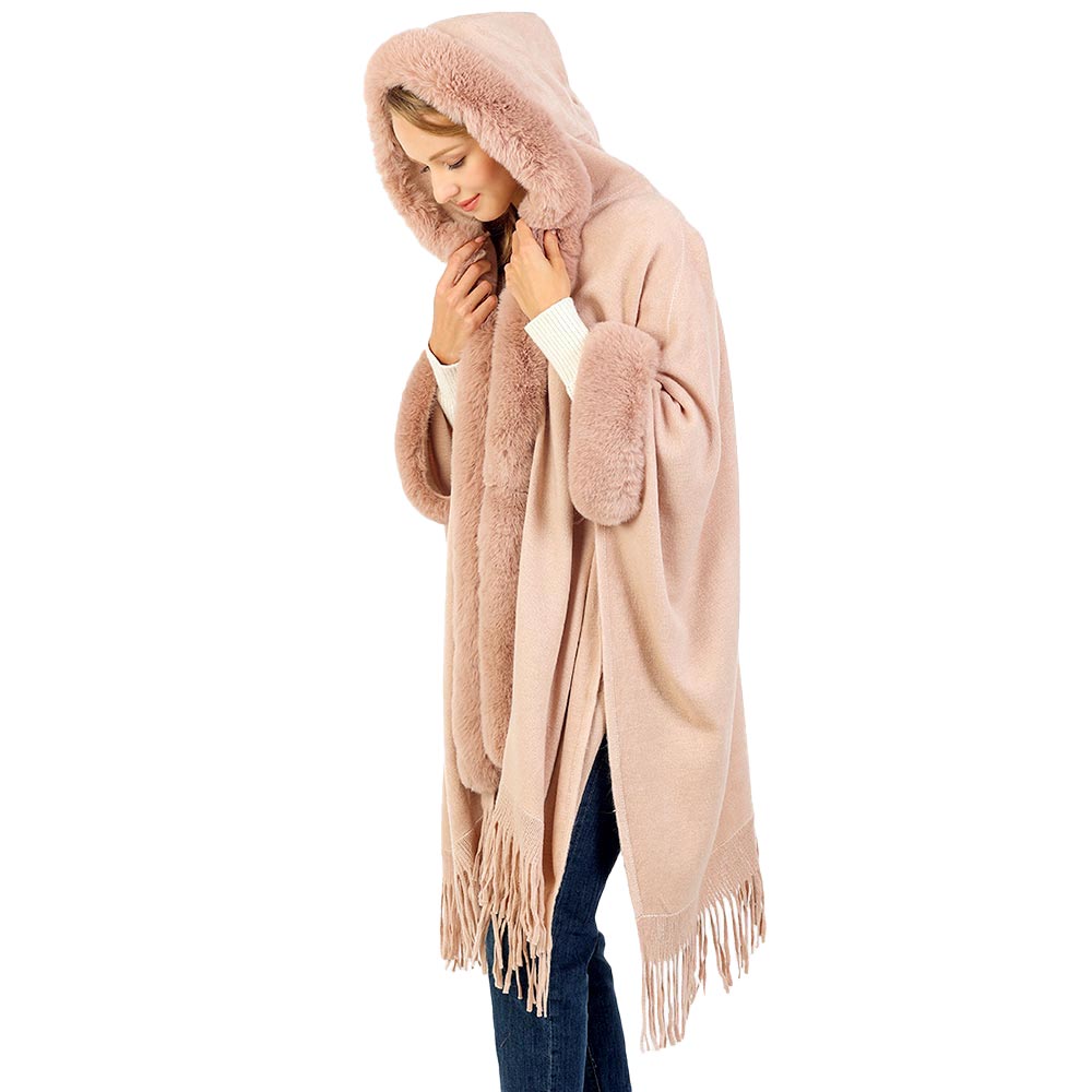Pink Solid Color Hoodie Winter Cape With Faux Fur Edge, is beautifully designed with solid color that amps up your beauty to a greater extent. It enriches your attire with perfect combination. Breathable Fabric, comfortable to wear, and very easy to put on and off. Suitable for Weekend, Work, Holiday, Beach, Party, Club, Night, Evening, Date, Casual and Other Occasions in Spring, Summer and Autumn.