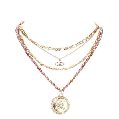 Pink Stone Embellished Evil Eye Pendant Multi Layered Bib Necklace. Beautifully crafted design adds a gorgeous glow to any outfit. Jewelry that fits your lifestyle! Perfect Birthday Gift, Anniversary Gift, Mother's Day Gift, Anniversary Gift, Graduation Gift, Prom Jewelry, Just Because Gift, Thank you Gift.