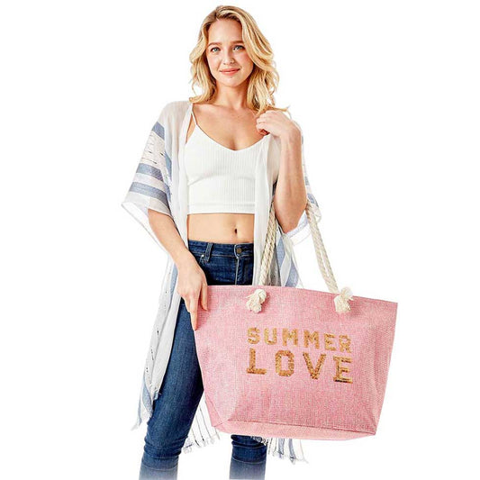 Pink Summer Love Message Glitz Beach Tote Bag, Whether you are out shopping, going to the pool or beach, this tote bag is the perfect accessory. Spacious enough for carrying all of your essentials. Perfect as a beach bag to carry foods, drinks, towels, swimsuit, toys, flip flops, sun screen and more. Gift idea for your loving one!