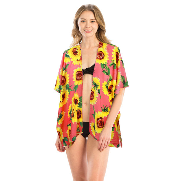 Pink Sunflower Kimono, Vacation Ready Kimono, Beach Ready Cover Up, Sunflower Print Kimono, open front  Kimono, Wear over your favorite blouse & slacks Perfect Birthday Gift, Valentine's Day Gift, Anniversary Gift, Mother's Day Gift, Lightweight Kimono, Sunflower Cover-up, Fun Beachwear, Floral Print Kimono, Floral Cover Up