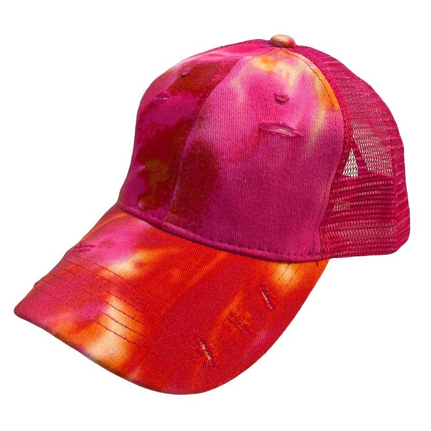 Pink Tie Dye Mesh Back Vintage Baseball Cap. This adorable and classic vintage baseball cap combines both colorful styles to turn your head and comfort for your all-day wear. perfect to keep your hair away from you face while exercising, running, playing tennis or just taking a walk outside. Adjustable Velcro strap gives you the perfect fit.
