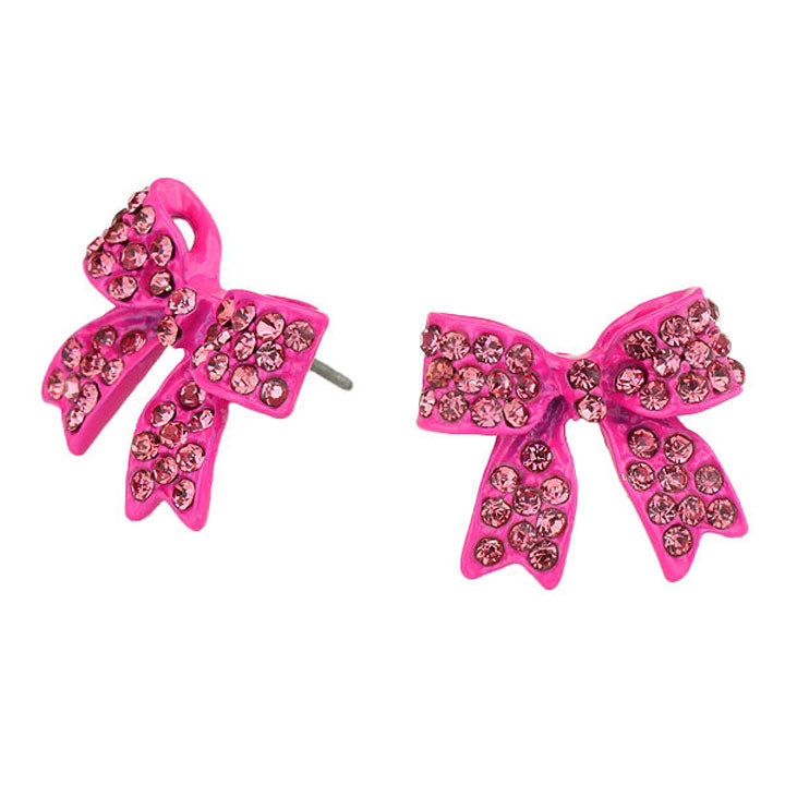 Pink Trendy Fashionable Pave bow stud earrings. Beautifully crafted design adds a gorgeous glow to any outfit. Jewelry that fits your lifestyle! Perfect Birthday Gift, Anniversary Gift, Mother's Day Gift, Anniversary Gift, Graduation Gift, Prom Jewelry, Just Because Gift, Thank you Gift.