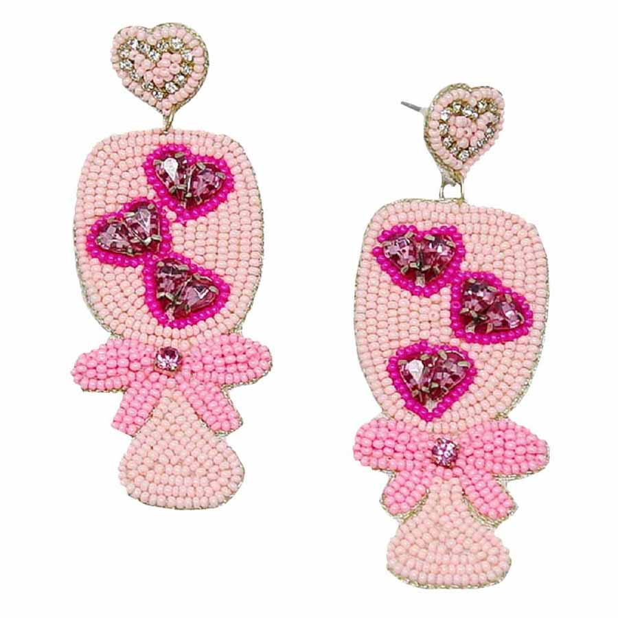 Pink Heart Wine Glass Seed Bead Earrings, Take your love for statement accessorizing to a new level of affection with these seed-beaded glass earrings. Accent all of your dresses with the extra fun vibrant color with these glass beaded earrings. Wear these lovely earrings to make you stand out from the crowd & show your trendy choice this valentine. 
