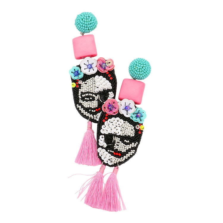 Pink Triple Flower Seed Beaded Skull Tassel Link Dangle Earrings. Halloween Earrings Features Unique design. Suitable for all kinds of parties, especially Halloween. It can give you a more festive feeling and a different temperament. Scary tassel skull earrings add horror and a thrilling atmosphere to the Halloween look. A unique gift for friends, family or lovers. Not only suitable for daily wear, but also for parties, Halloween parties and other occasions, adding more charm.