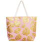 Pink Tropical Leaves Foil Beach Bag, Show your trendy side with this awesome Flower & Leaf beach tote bag. Spacious enough for carrying any and all of your seaside essentials. The soft rope straps really helps carrying this shoulder bag comfortably. Folds flat for easy packing. Perfect as a beach bag to carry foods, drinks, big beach blanket, towels, swimsuit, toys, flip flops, sun screen and more.