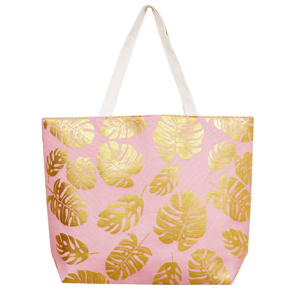 Pink Tropical Leaves Foil Beach Bag, Show your trendy side with this awesome Flower & Leaf beach tote bag. Spacious enough for carrying any and all of your seaside essentials. The soft rope straps really helps carrying this shoulder bag comfortably. Folds flat for easy packing. Perfect as a beach bag to carry foods, drinks, big beach blanket, towels, swimsuit, toys, flip flops, sun screen and more.