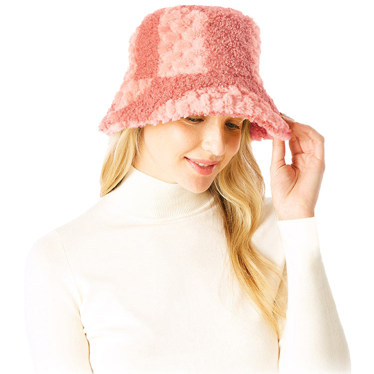 Pink Two Tone Faux Fur Bucket Hat, This Faux Fur bucket hat is nicely designed and a great addition to your attire. Have fun and look Stylish anywhere outdoors. Great for covering up when you are having a bad hair day. Perfect for protecting you from the wind, snow, beach, pool, camping, or any outdoor activities in cold weather. Amps up your outlook with confidence with this trendy bucket hat. It's the autumnal touch you need to finish your outfit in style. Awesome winter gift accessory! 