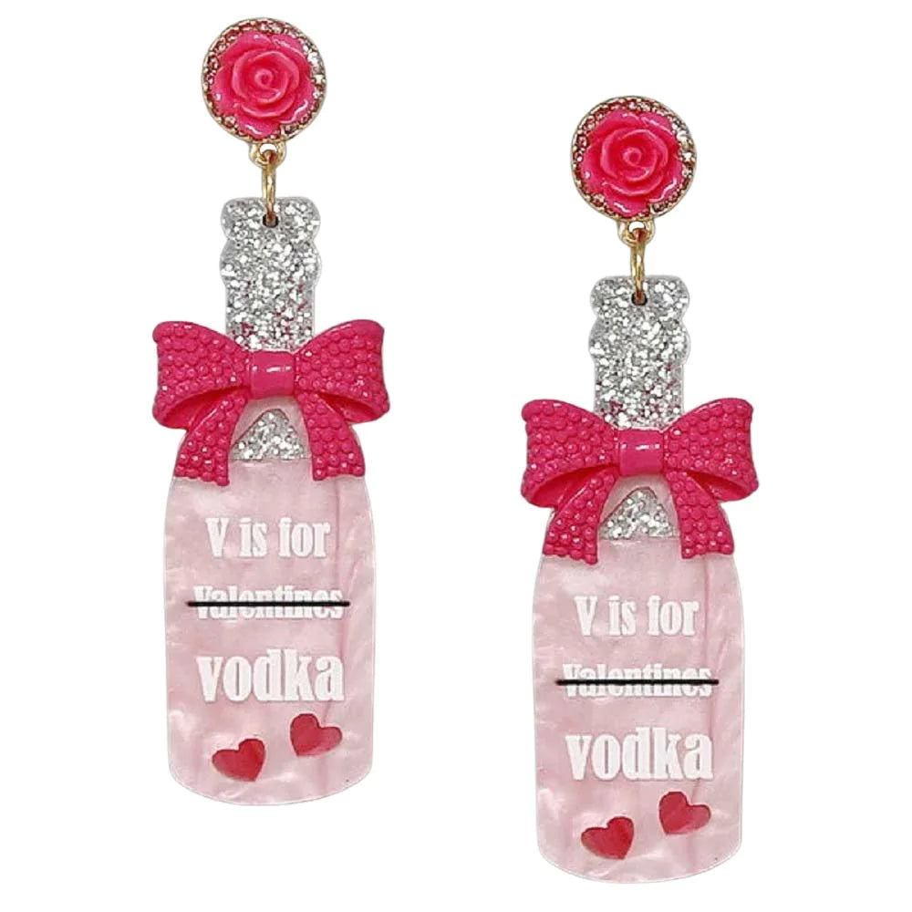 Pink V Is For Vodka Bottle Acetate Earrings, These acetate earrings will be the highlight of any outfit and add a touch of whimsy to your costume jewelry collection! Get into the valentine spirit with our gorgeous handcrafted vodka earrings. Bright designs with message-themed colors and patterns will be the perfect and trendy choice for your valentine's party costumes.