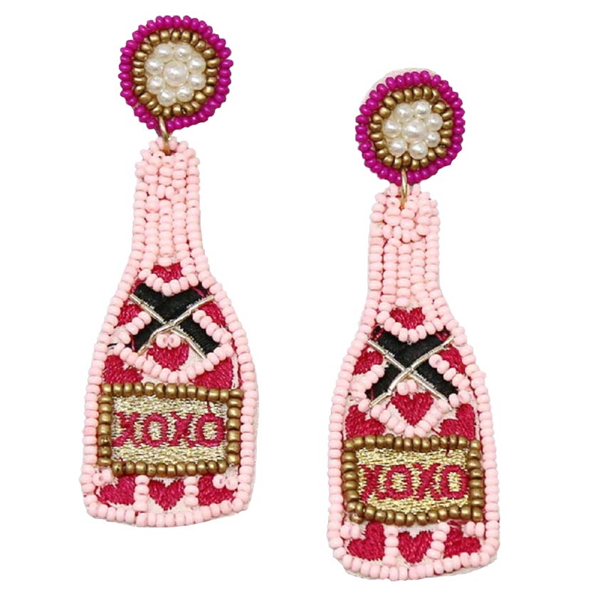 Pink Valentine's XOXO Heart Bottle Seed Bead Earrings, these bottle earrings feature a cool, decidedly chic, and always fun, the beaded earrings combine a feminine heart and bottle silhouette with a palette crafted entirely of seed beads, fun handcrafted jewelry that fits your lifestyle, adding a pop of pretty color.