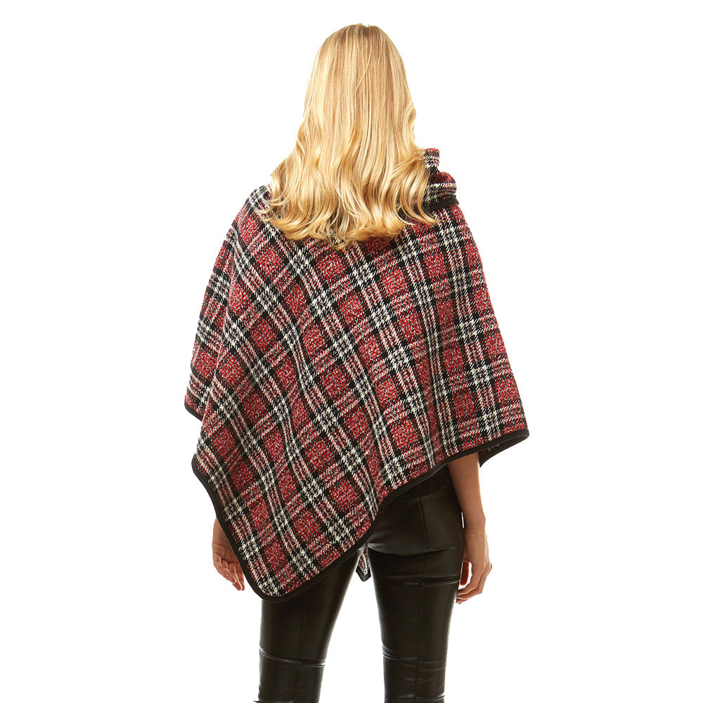 red Plaid Poncho Winter Poncho Plaid High Neck Buttons Poncho Designer Inspired Poncho Plaid Ruana Sweater
