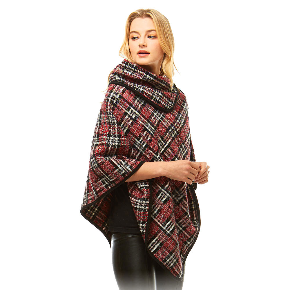 Red Plaid Poncho Winter Poncho Plaid High Neck Buttons Poncho Designer Inspired Poncho Plaid Ruana Sweater